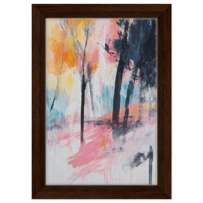 Abstract painting of pink twilight trees in a colorful, misty forest landscape