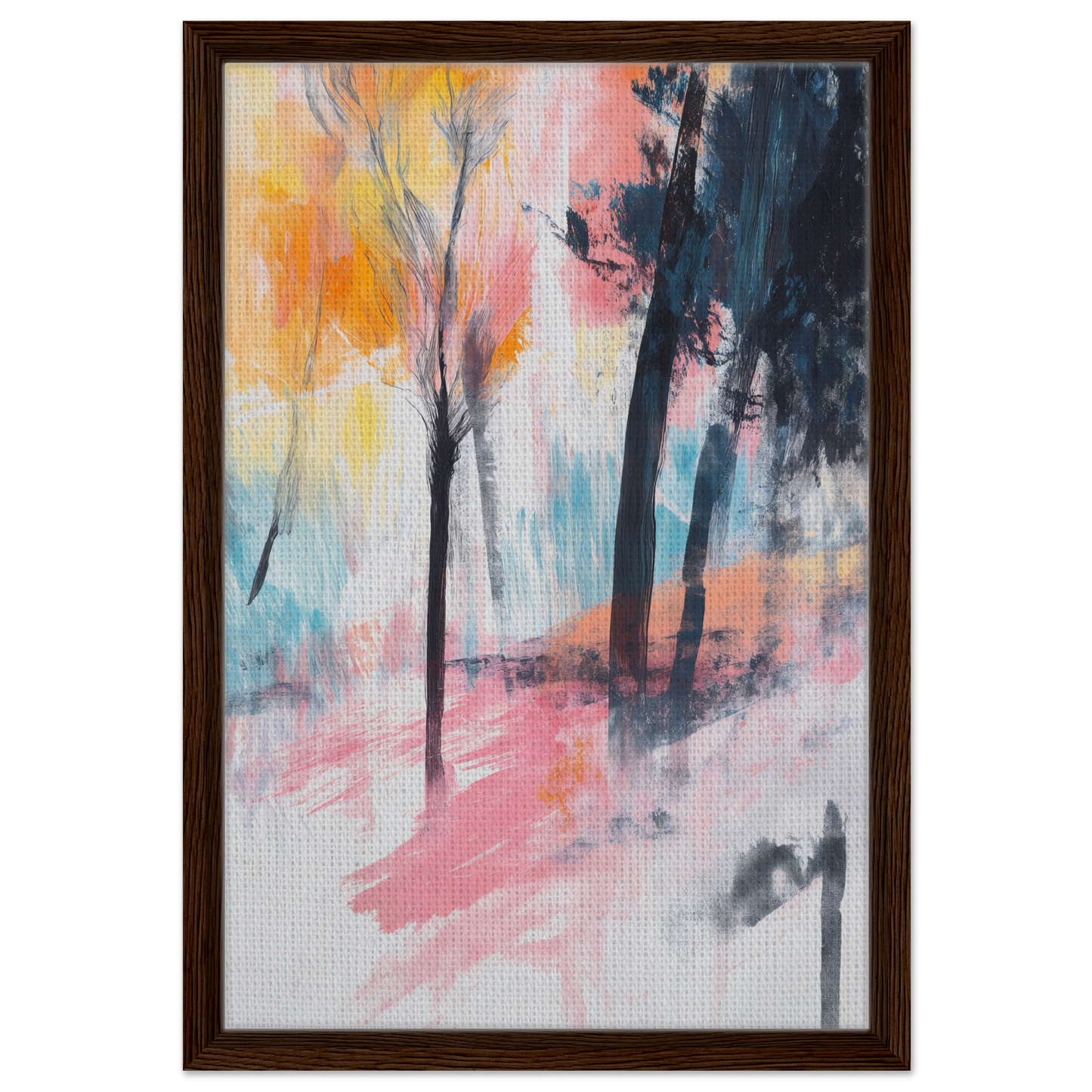 Abstract painting of Pink Twilight Trees in a colorful, misty landscape, framed canvas print