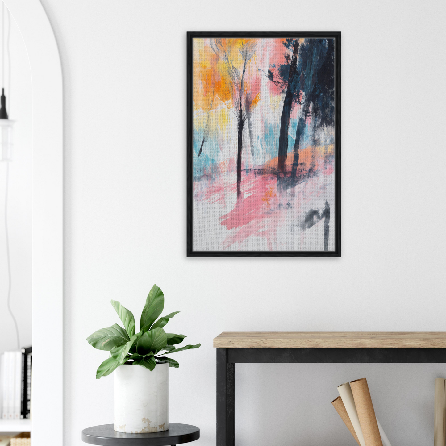 Abstract painting of Pink Twilight Trees with colorful brushstrokes in framed canvas print