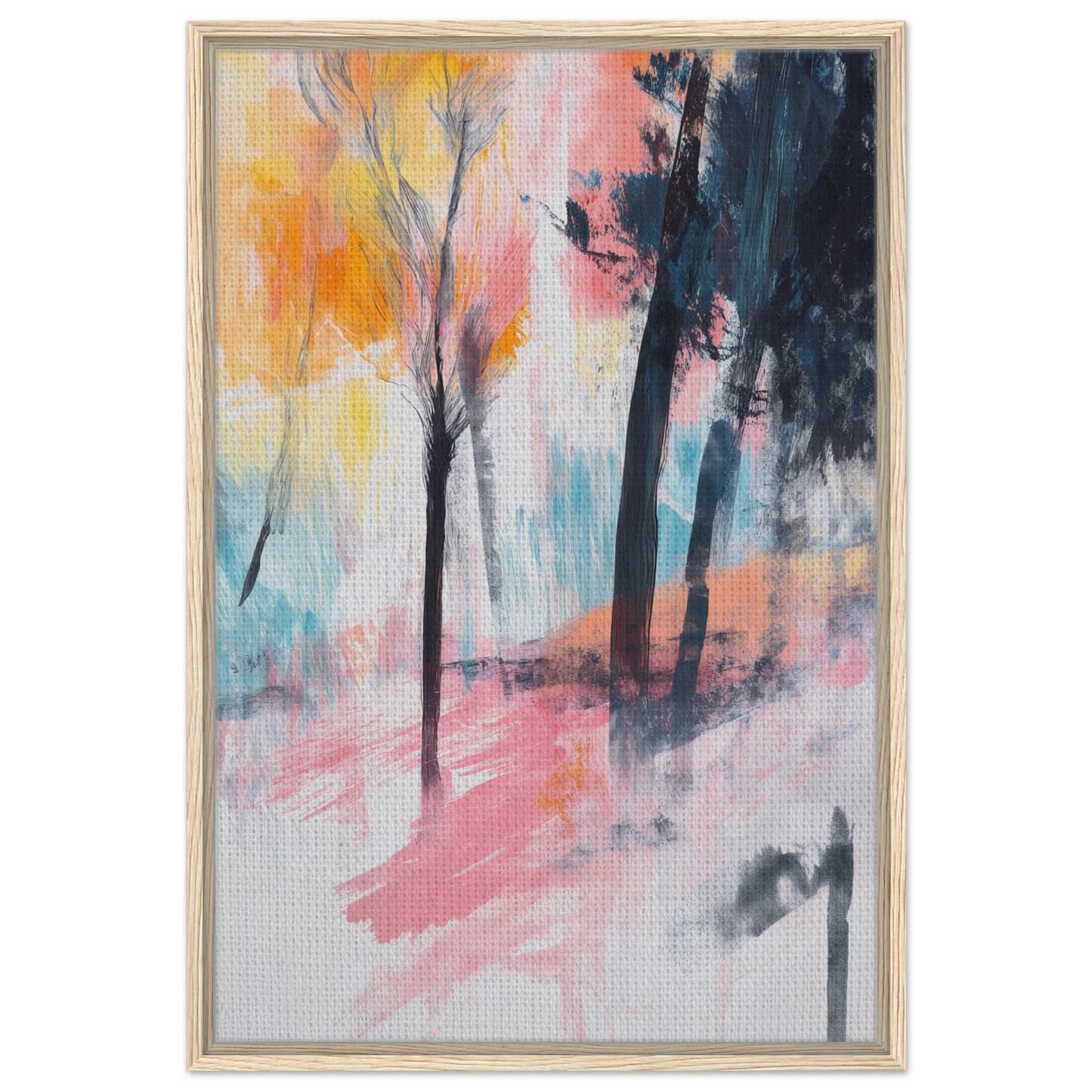 Abstract painting of Pink Twilight Trees in a vibrant, misty forest landscape for room decor