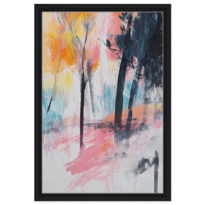 Abstract painting of Pink Twilight Trees in a colorful, misty landscape on framed canvas print