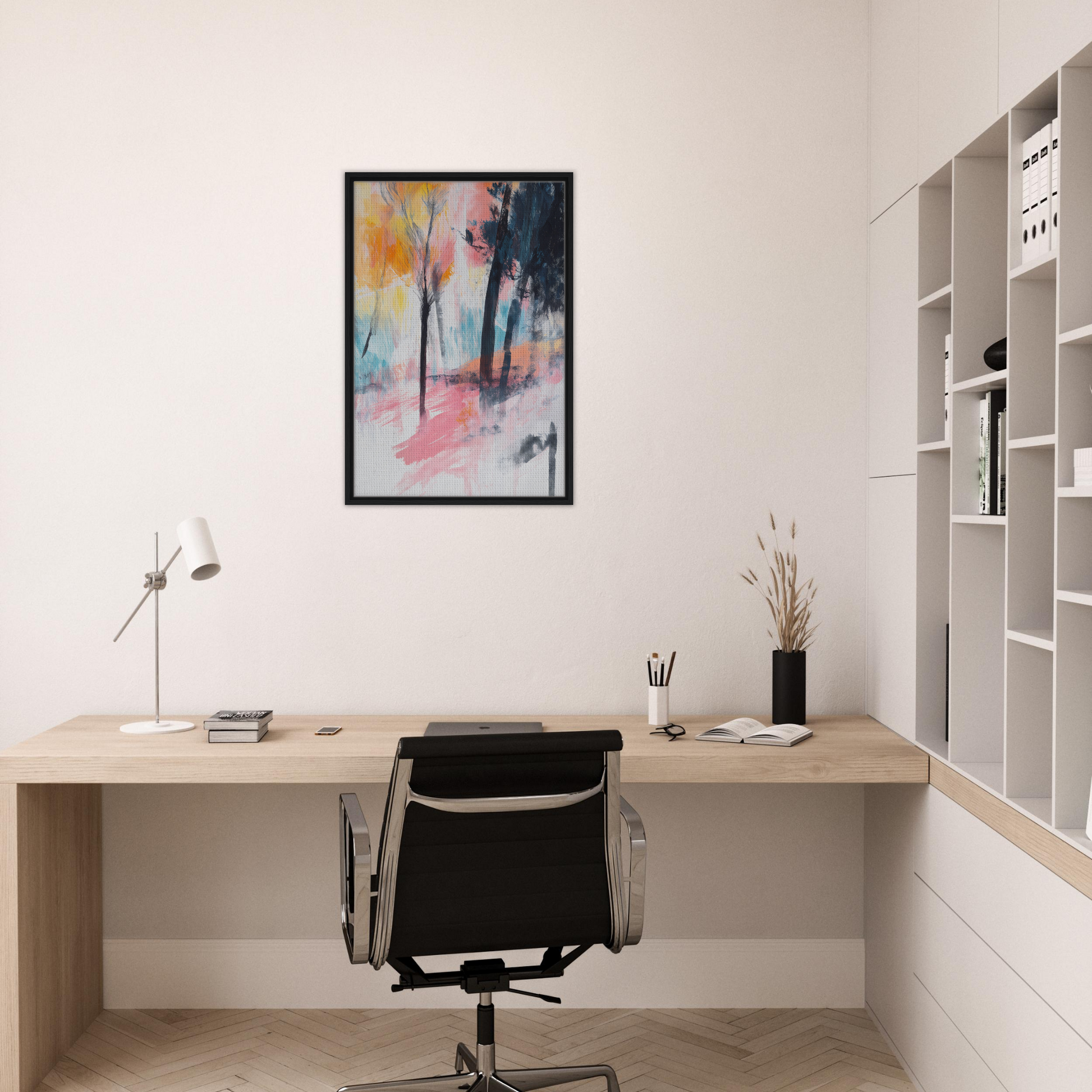 Minimalist home office with wooden desk, chair, and Pink Twilight Trees artwork