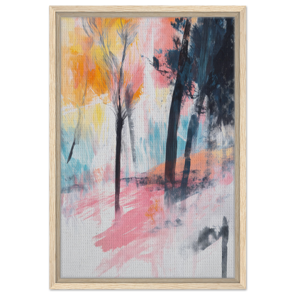 Abstract painting of Pink Twilight Trees in a colorful, misty landscape for room decor