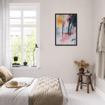 Bright, airy bedroom with Pink Twilight Trees framed canvas print and minimalist decor