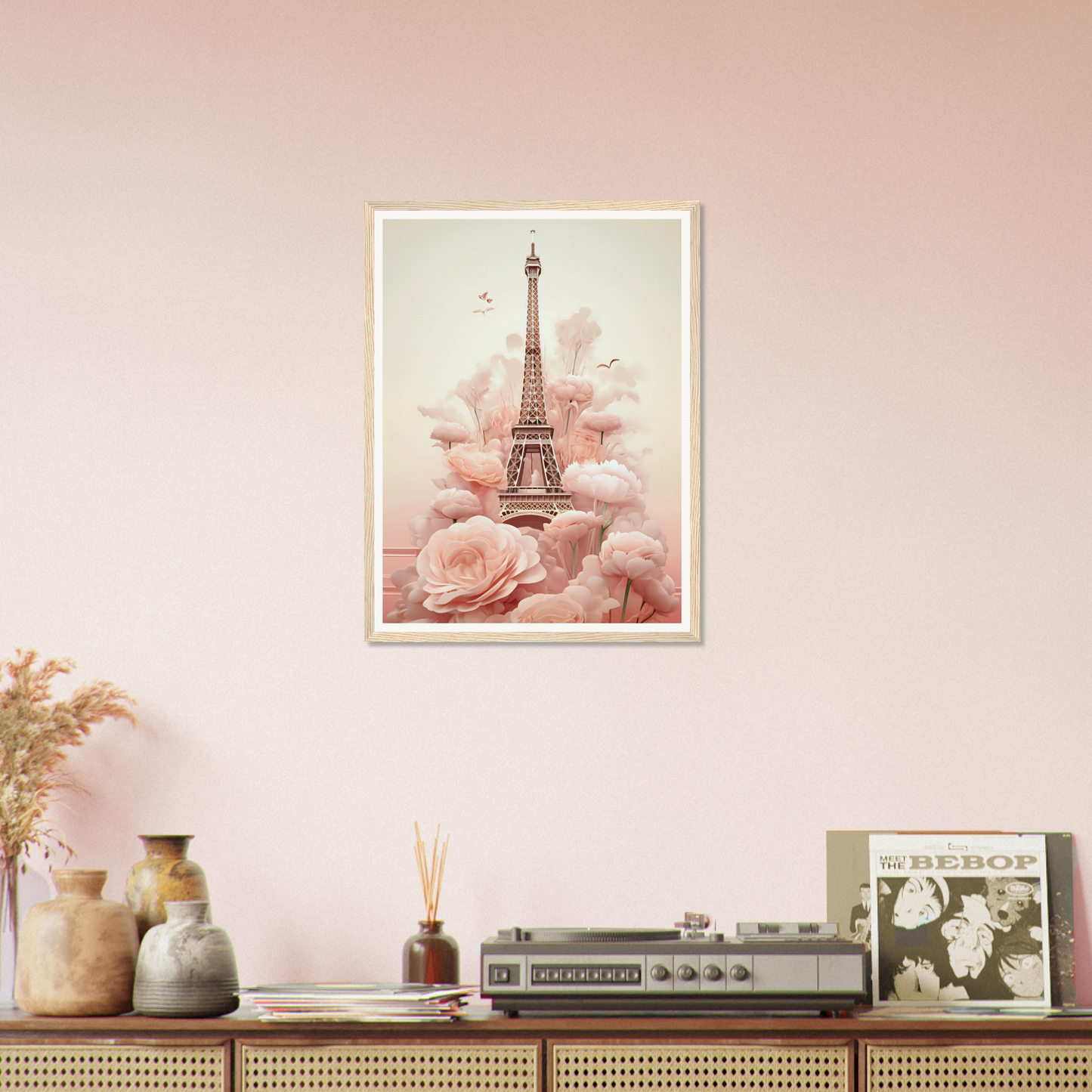 A pink wall with a pink flower and eiff tower