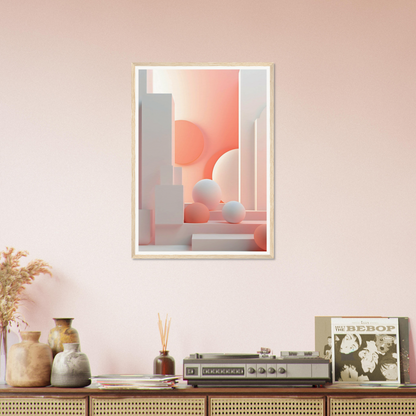 A pink wall with a framed photo of a vase and a vase