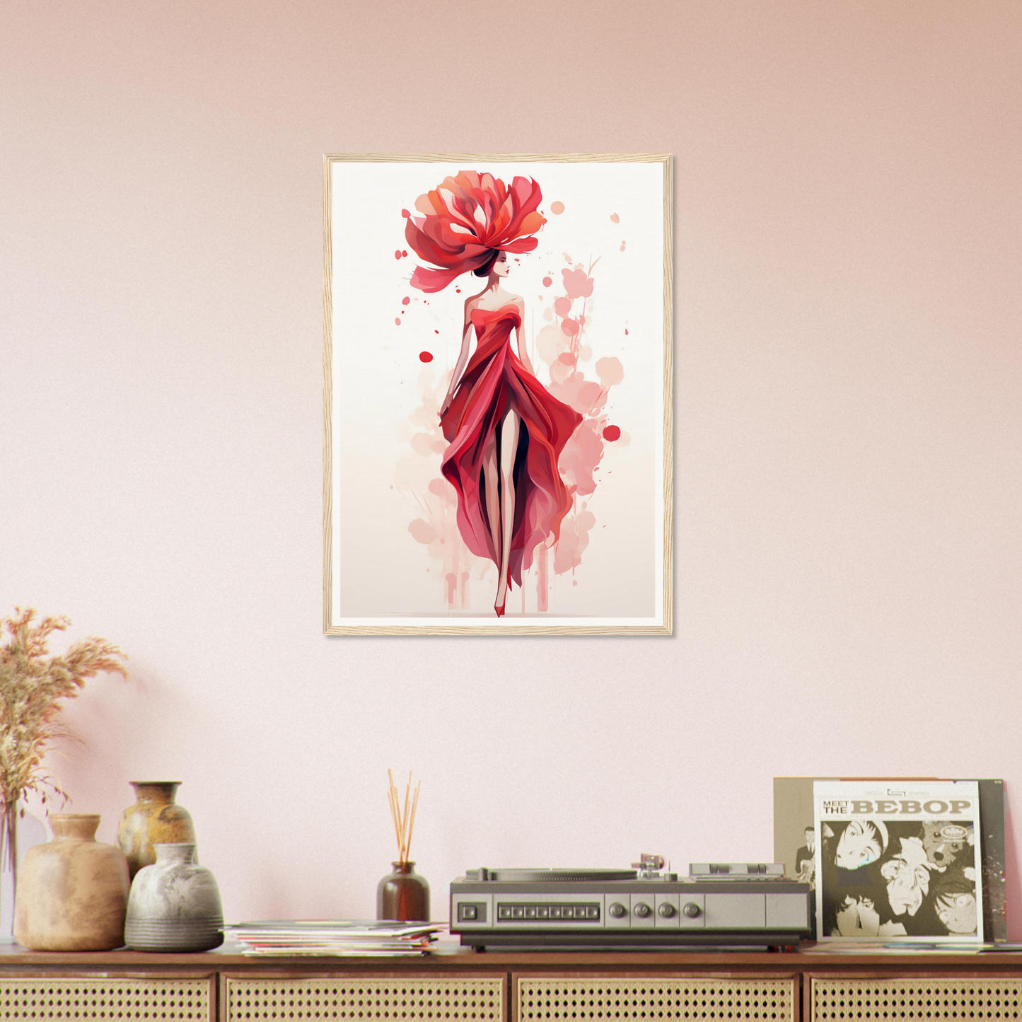 A pink wall with a painting of a woman in a red dress