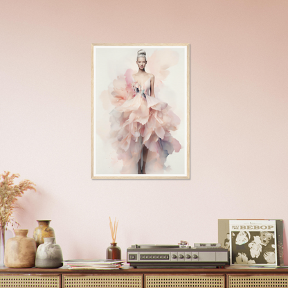 A pink wall with a painting of a woman in a dress