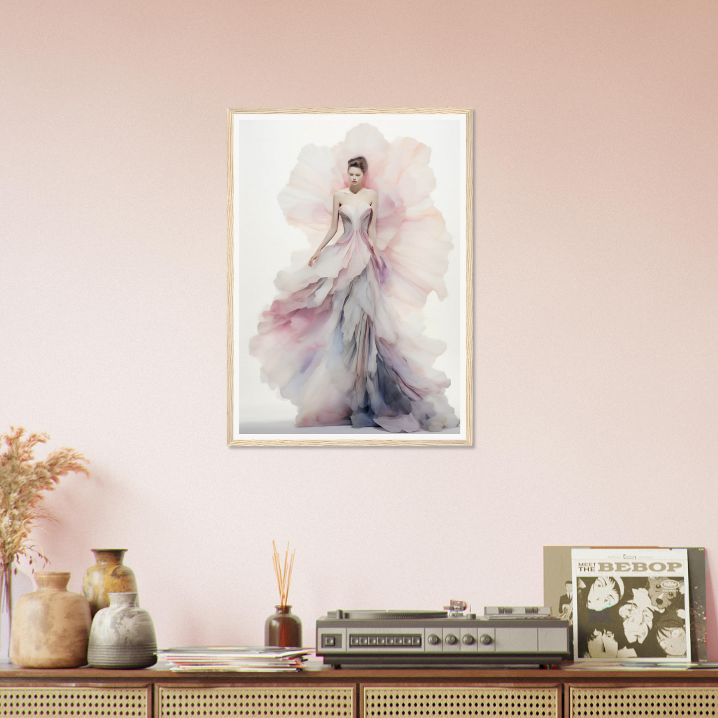 A pink wall with a painting of a woman in a dress