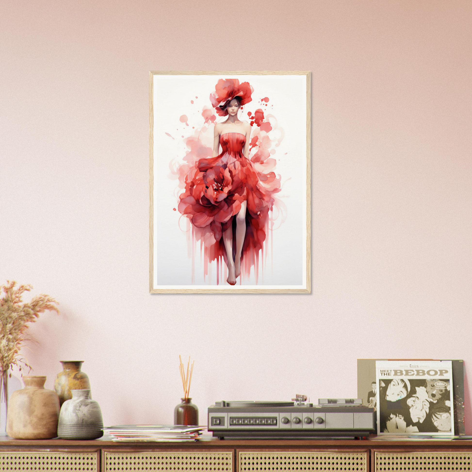 A pink wall with a painting of a woman in a red dress