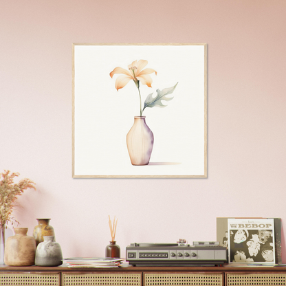 A pink wall with a vase and flowers