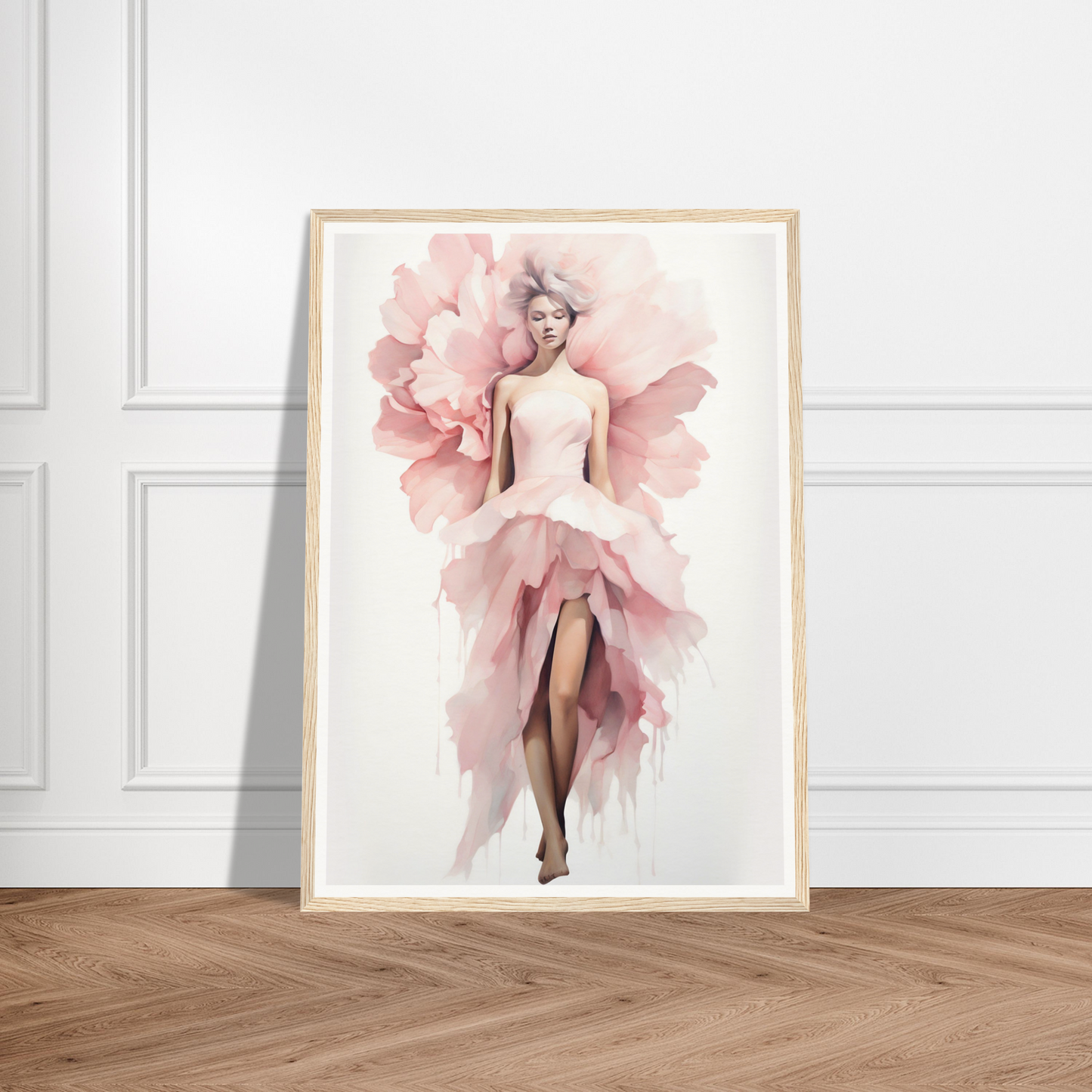 A pink watercolor painting of a woman in a dress