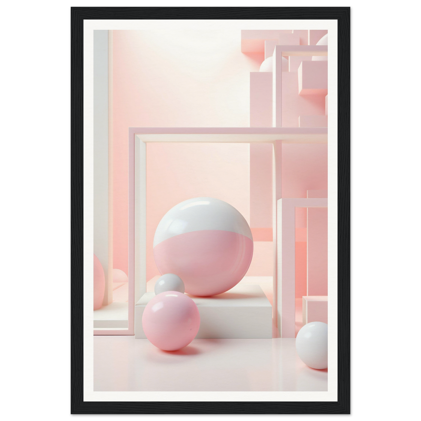 A pink and white abstract art print with a white frame