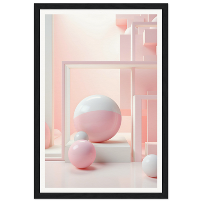 A pink and white abstract art print with a white frame