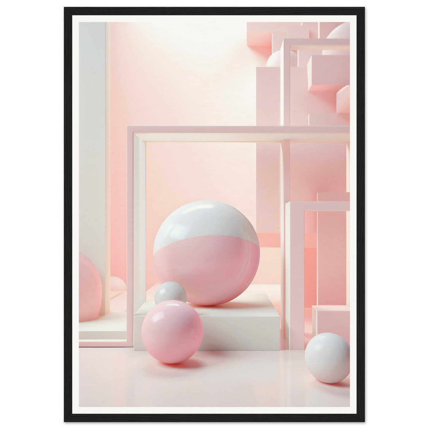 A pink and white abstract art print with a white frame