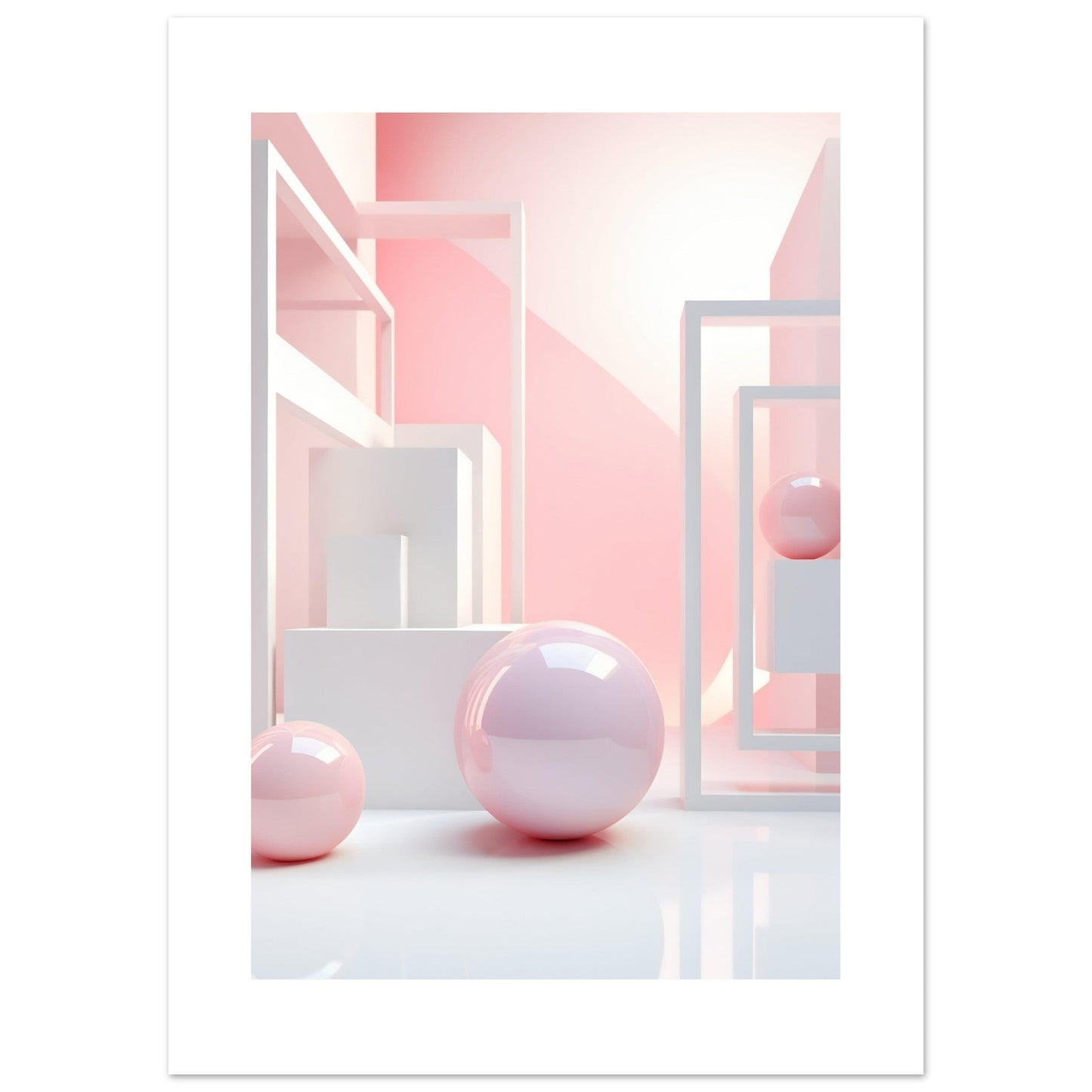 A pink and white abstract art print with a sphere in the middle