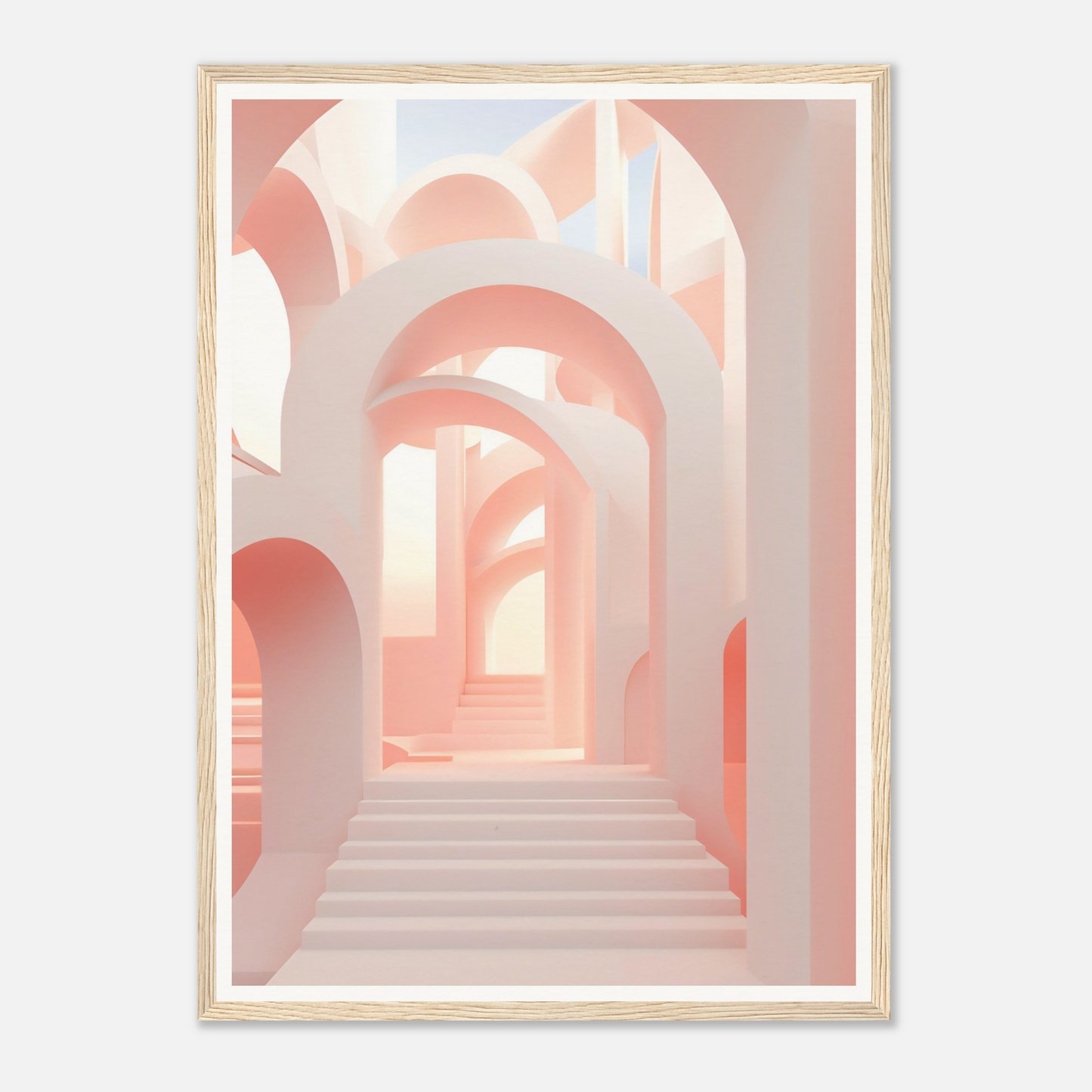 A pink and white abstract art print with a staircase leading up to a sky blue sky