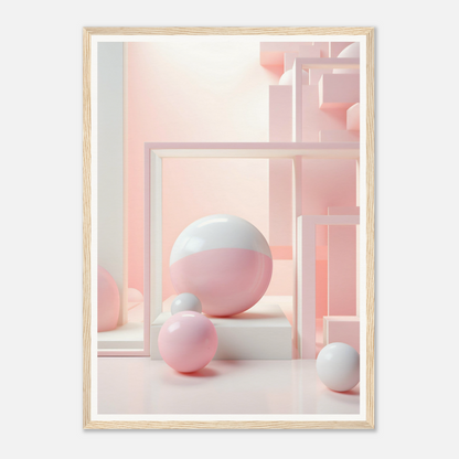 A pink and white abstract art print with a white frame