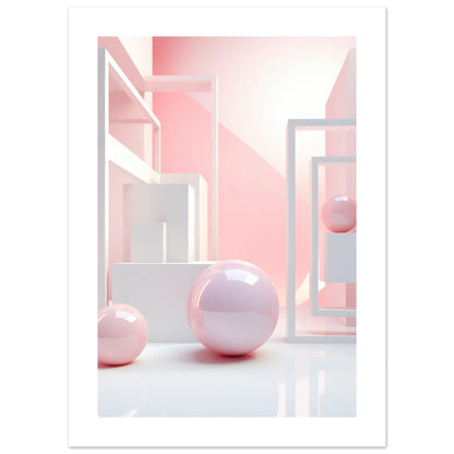 A pink and white abstract painting with a sphere