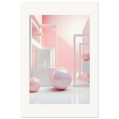 A pink and white abstract painting with a sphere in the middle