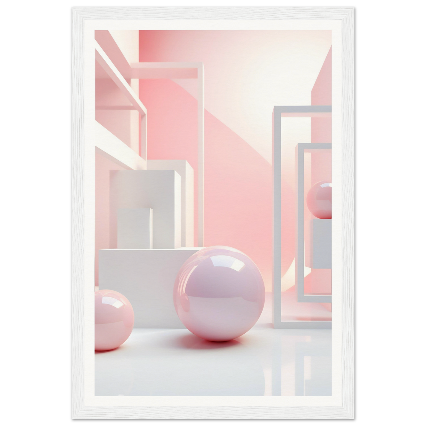 A pink and white abstract painting with a white frame