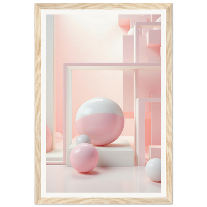 A pink and white abstract painting with a white frame