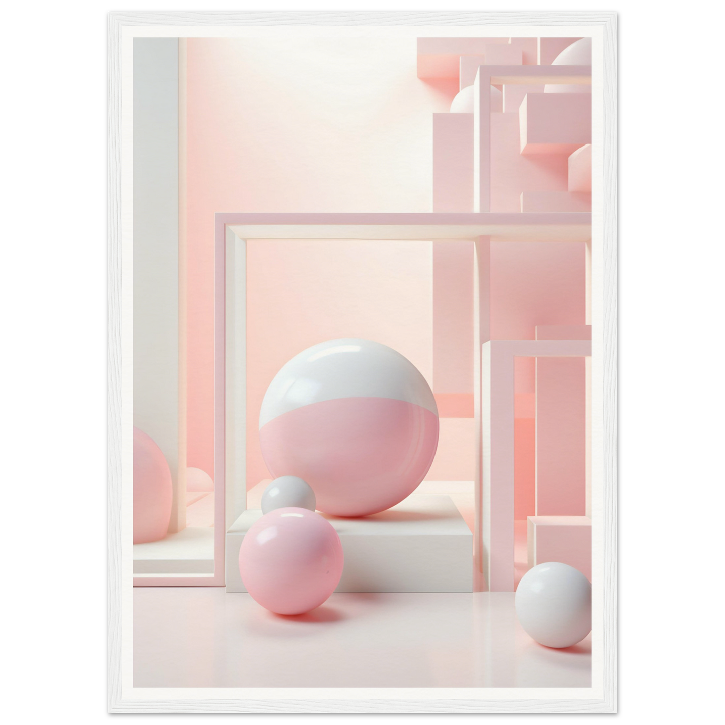 A pink and white abstract painting with a white frame