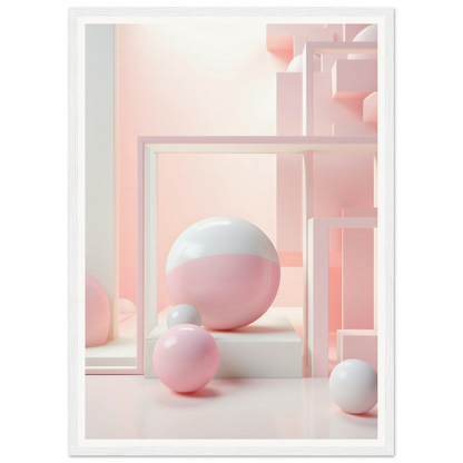 A pink and white abstract painting with a white frame