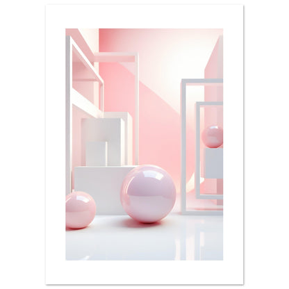 A pink and white abstract painting with a sphere