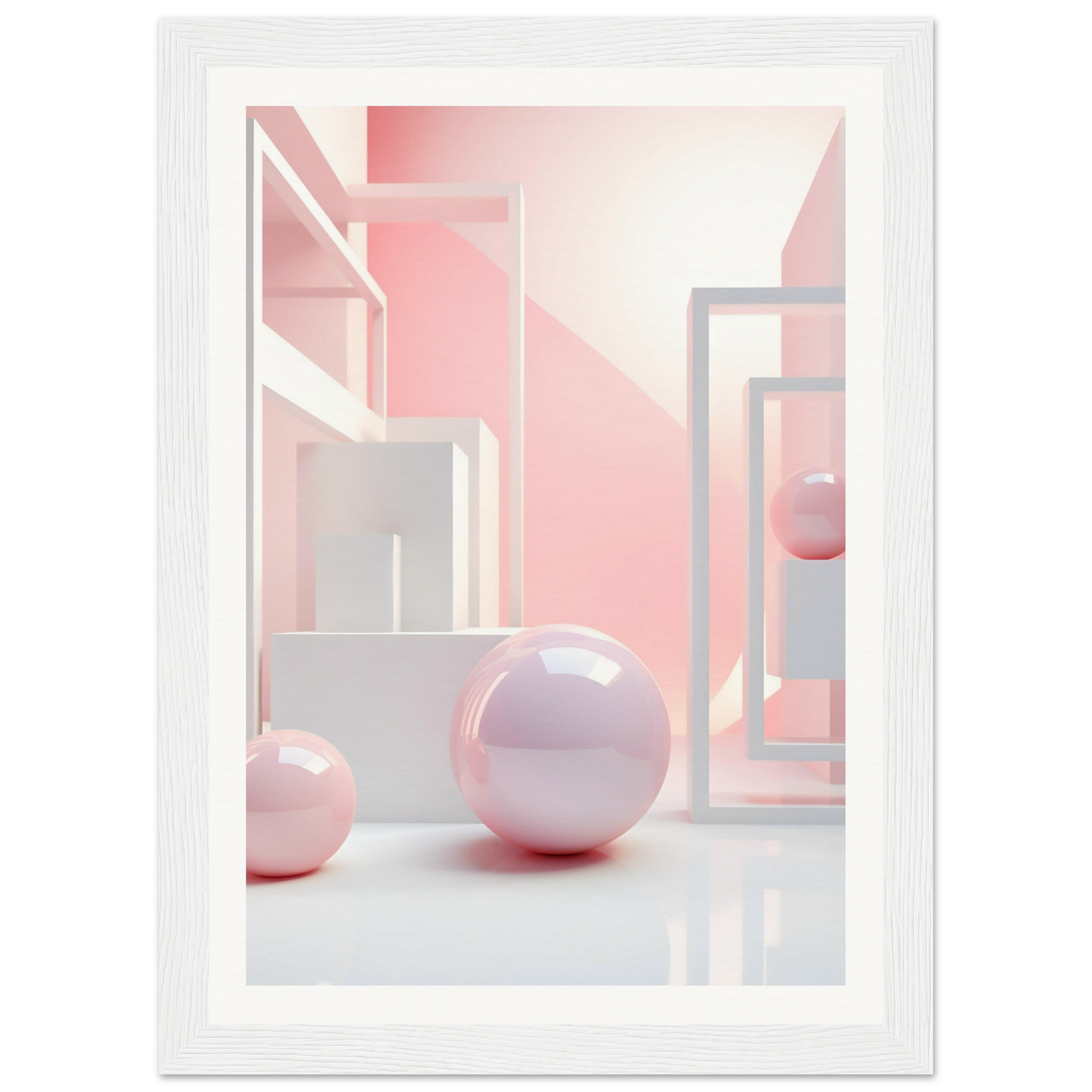 A pink and white abstract painting with a white frame