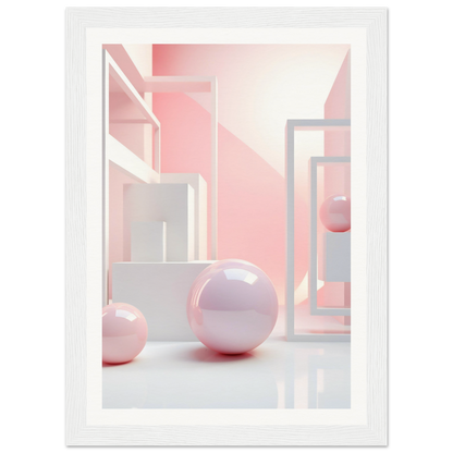 A pink and white abstract painting with a white frame