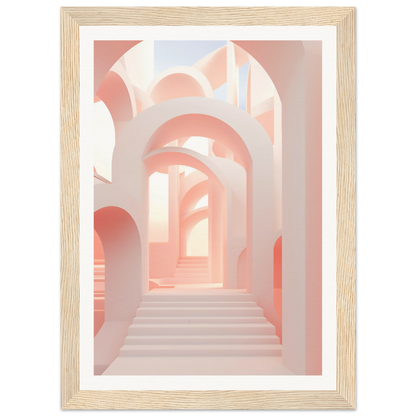 A pink and white abstract painting with a wooden frame