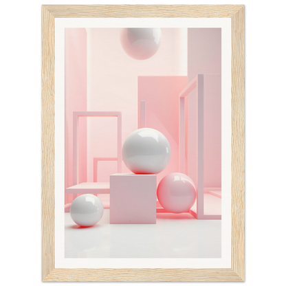 A pink and white abstract painting with a white sphere on the top