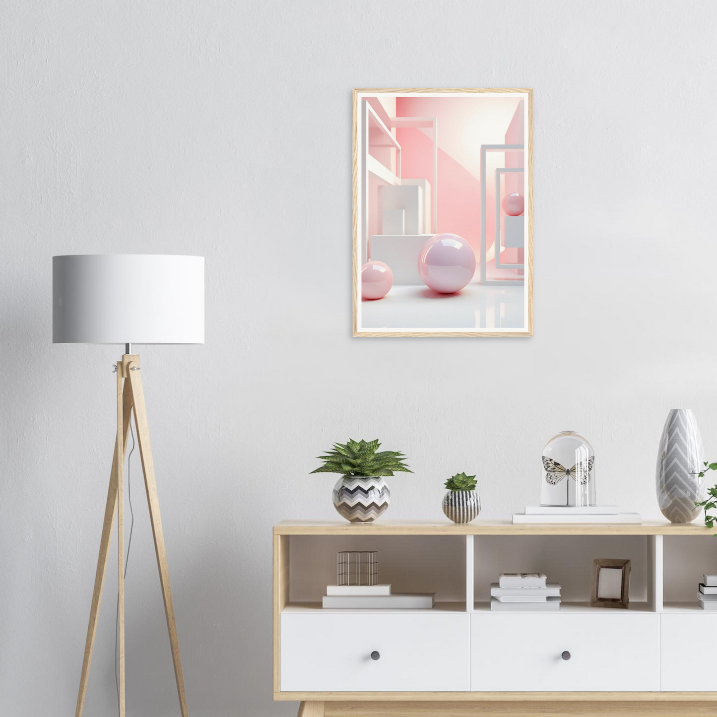 A pink and white abstract painting on a wall