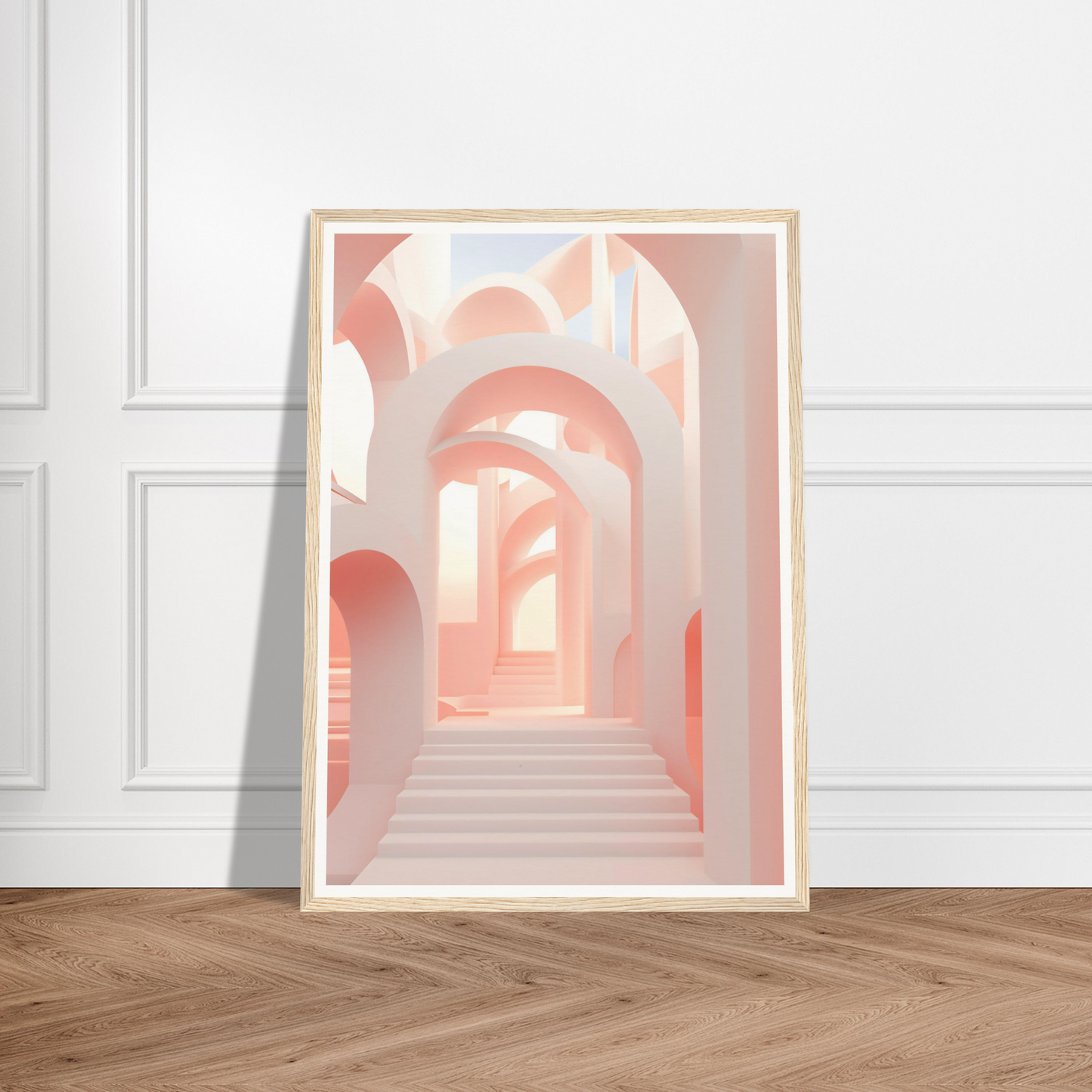 A pink and white abstract painting on a wall