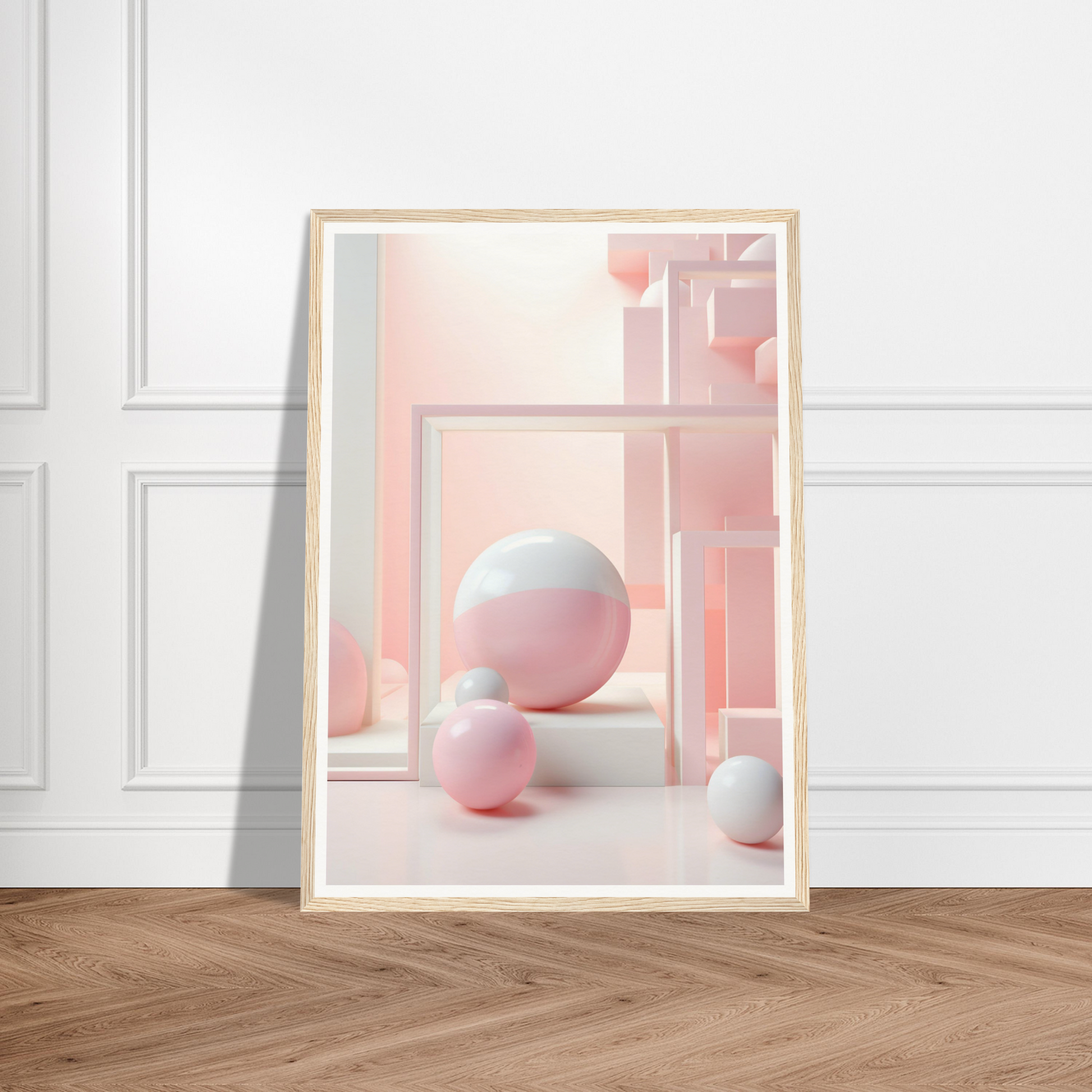 A pink and white abstract painting on a wooden floor