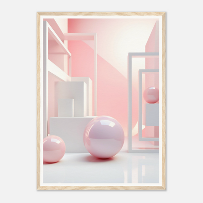 A pink and white abstract painting with a white frame