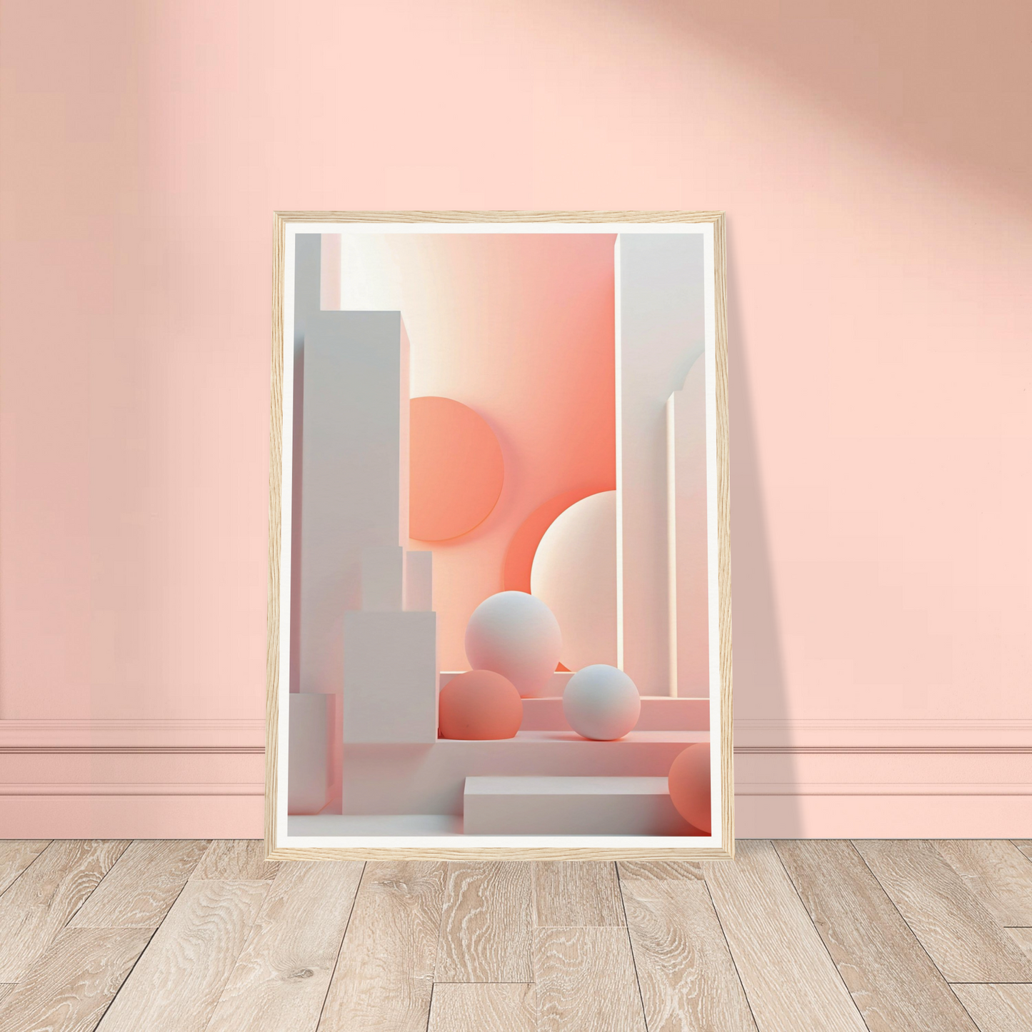 A pink and white abstract painting on a wall