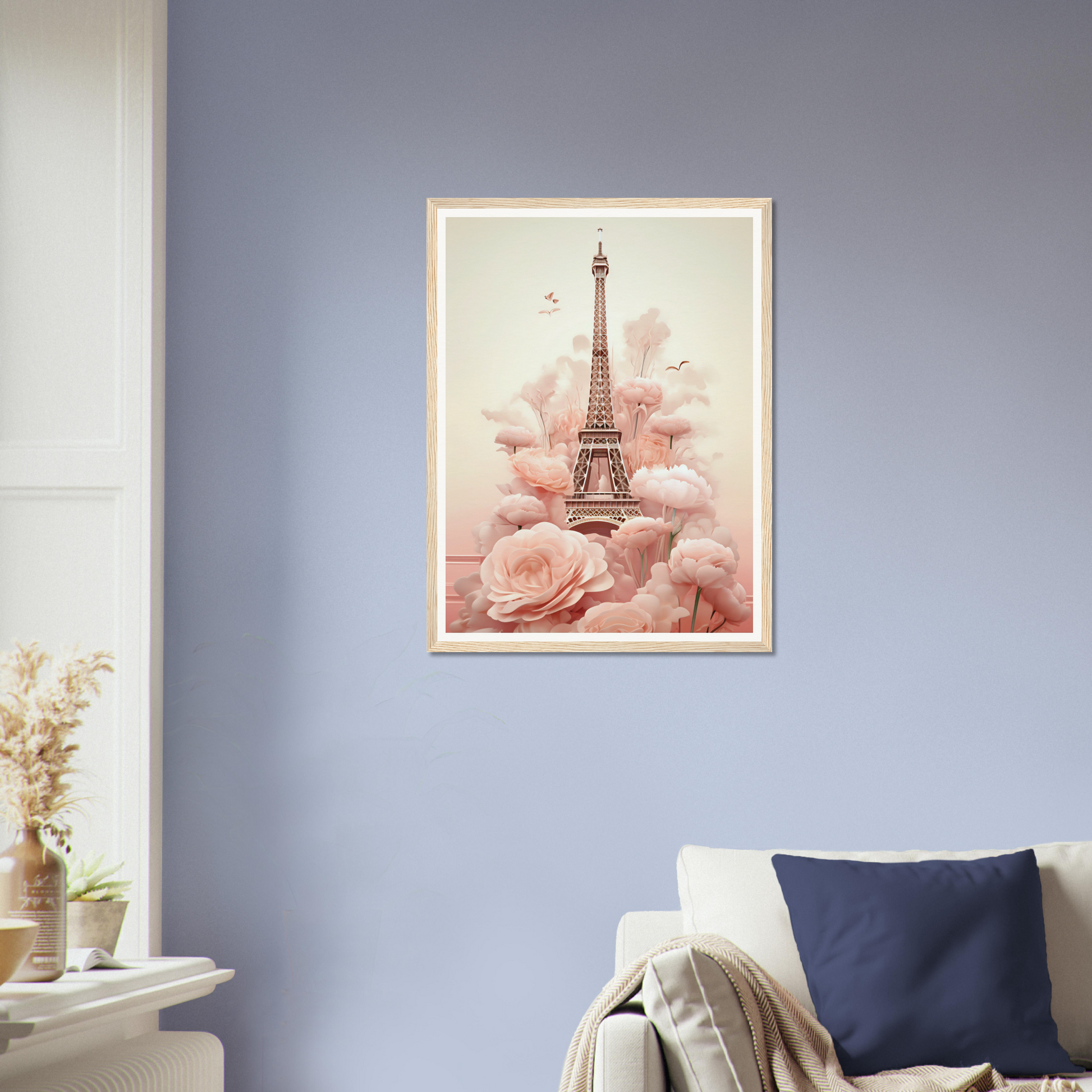 A pink and white painting on a wall