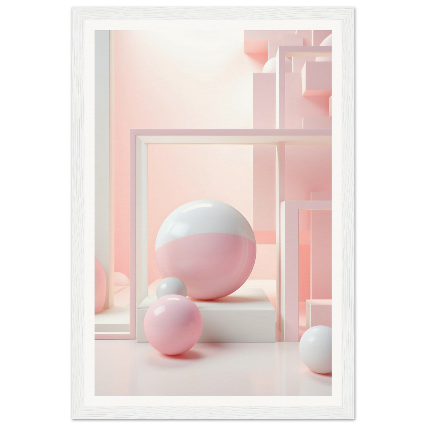 A pink and white photo of balloons in a white frame