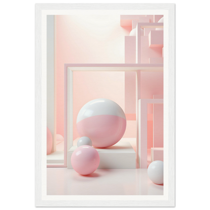 A pink and white photo of balloons in a white frame