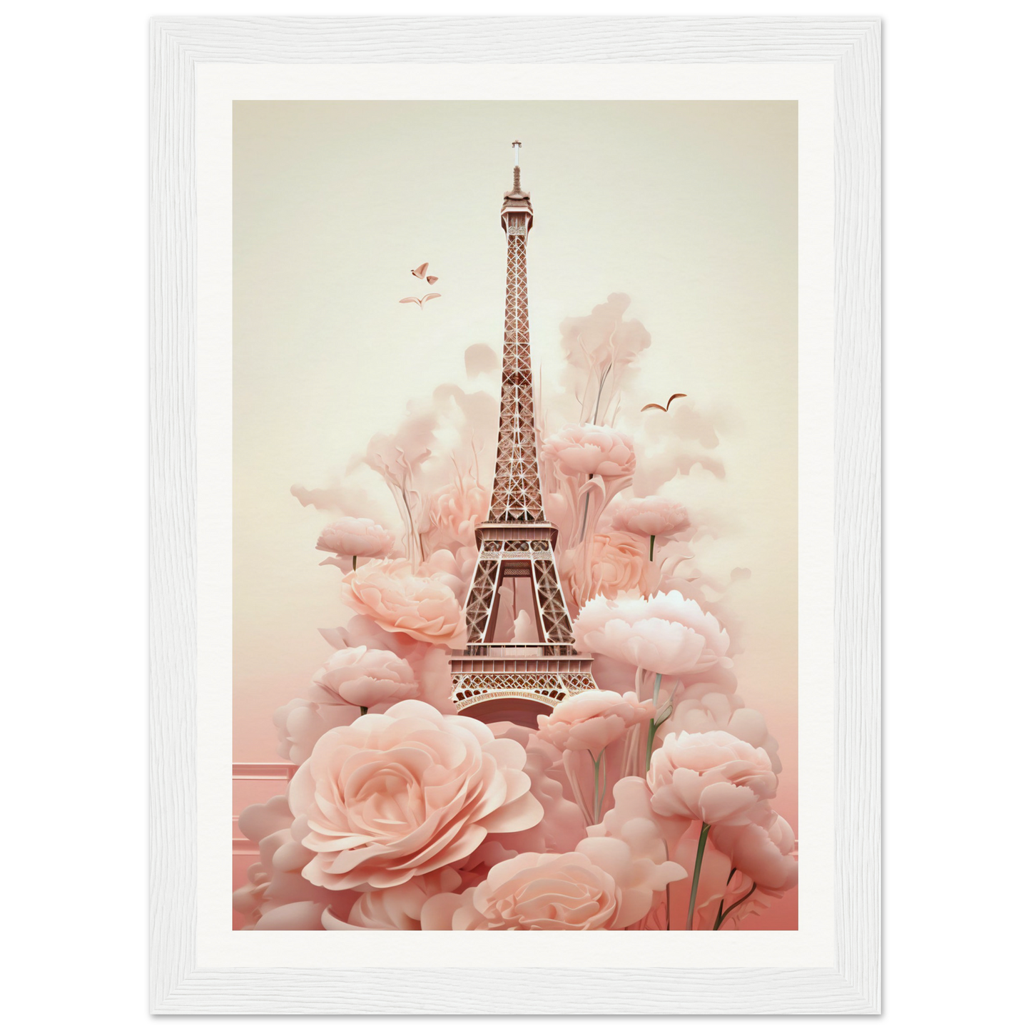 A pink and white photo of the eiff tower surrounded by pink flowers