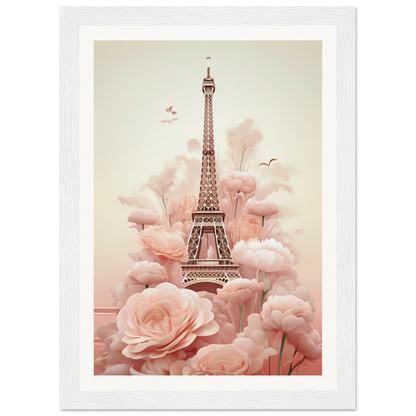 A pink and white photo of the eiff tower surrounded by pink flowers