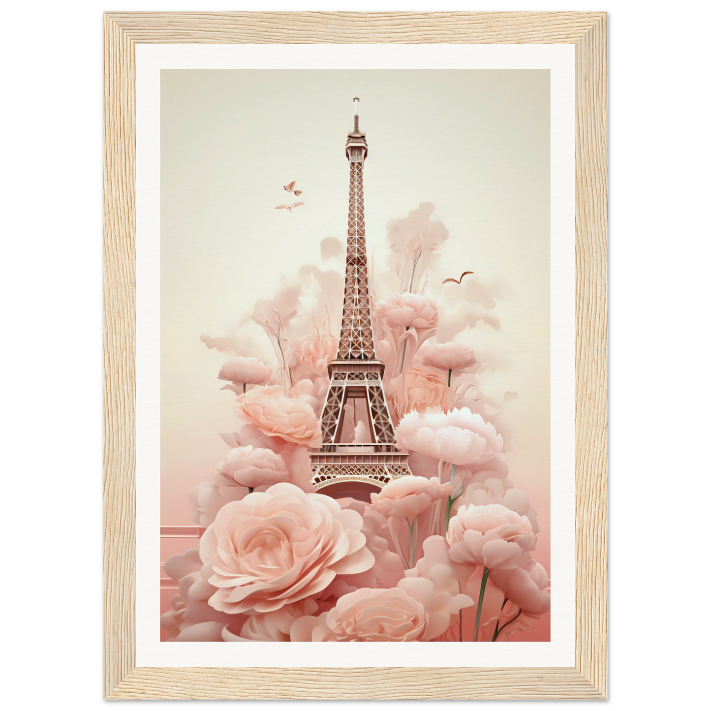 A pink and white photo of the eiff tower surrounded by pink flowers