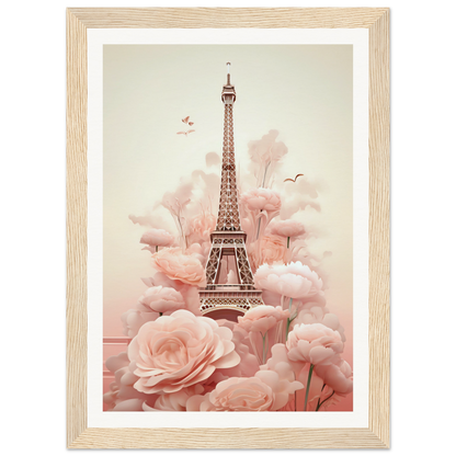 A pink and white photo of the eiff tower surrounded by pink flowers