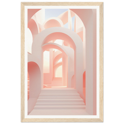 A pink and white print with a staircase leading up to the top of the stairs