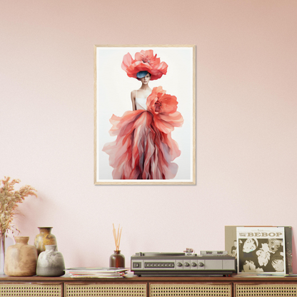 A pink and white wall with a pink flower in the center