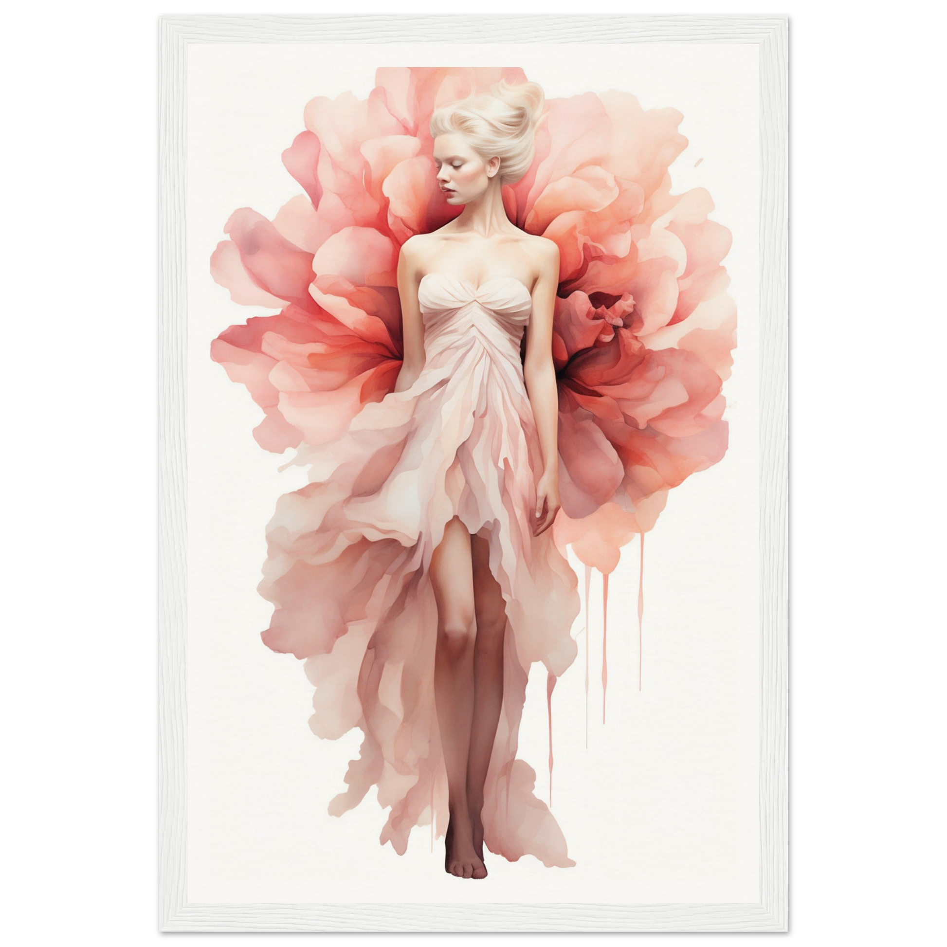 A pink and white watercolor painting of a woman with flowers