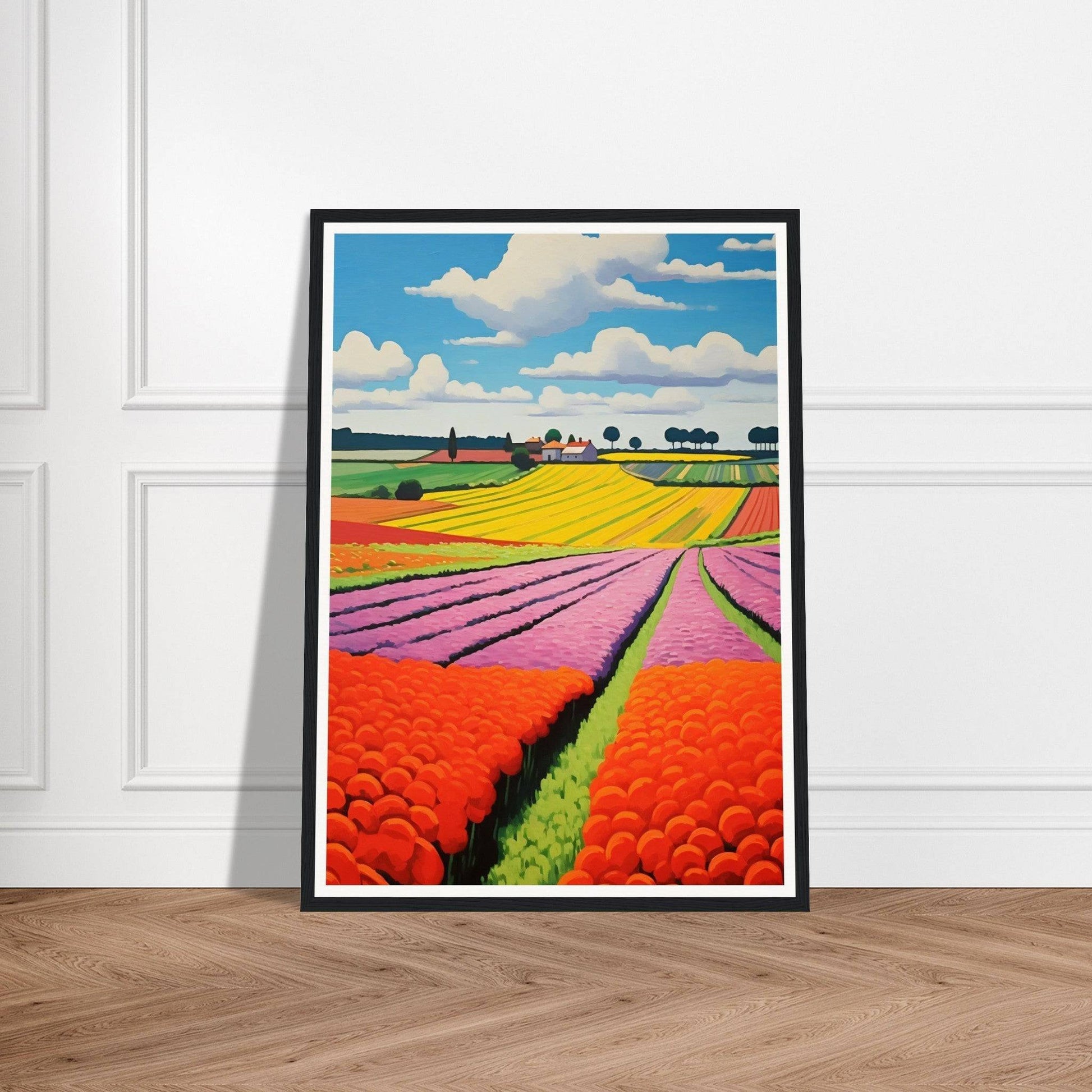 Colorful painting of vibrant flower fields stretching to the horizon.