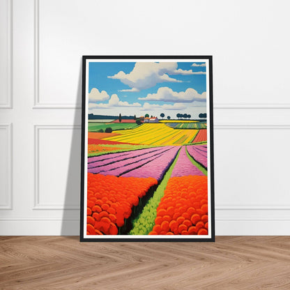 Colorful painting of vibrant flower fields stretching to the horizon.